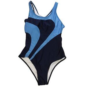 One Piece Swimsuit Blue & Navy Color Block Size L NWOT Retro Bathing Suit